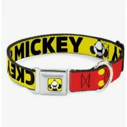 Discount ⌛ Disney Mickey Smiling Up Pose Flip Buttons Yellow Black Red Seatbelt Buckle 😀 Dog Collar 💯