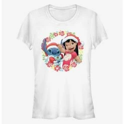Discount 💯  Disney Lilo & Stitch  Christmas Hawaiian Floral Wreath  Girls T-Shirt 🛒