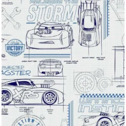 Budget 🔔 Disney Pixar Cars Blue And White Schematic Peel & Stick Wallpaper ✨