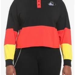 Best Sale ✨ Disney Mickey Mouse Color-Block 🎁 Girls Crop Long-Sleeve Polo 😀 Shirt Plus Size ❤️