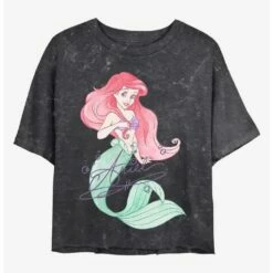 Promo 👍 Disney The Little Mermaid Signed Ariel Mineral Wash Crop ✨ Girls T-Shirt ⭐