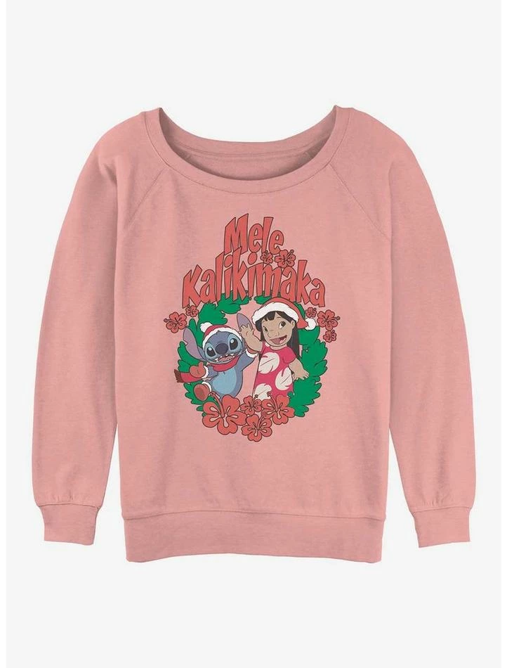 Promo ✨ Disney Lilo & Stitch Mele Kalikimaka Wreath ⌛ Girls Slouchy Sweatshirt ❤️ 1 Promo ✨ Disney Lilo & Stitch Mele Kalikimaka Wreath ⌛ Girls Slouchy Sweatshirt ❤️